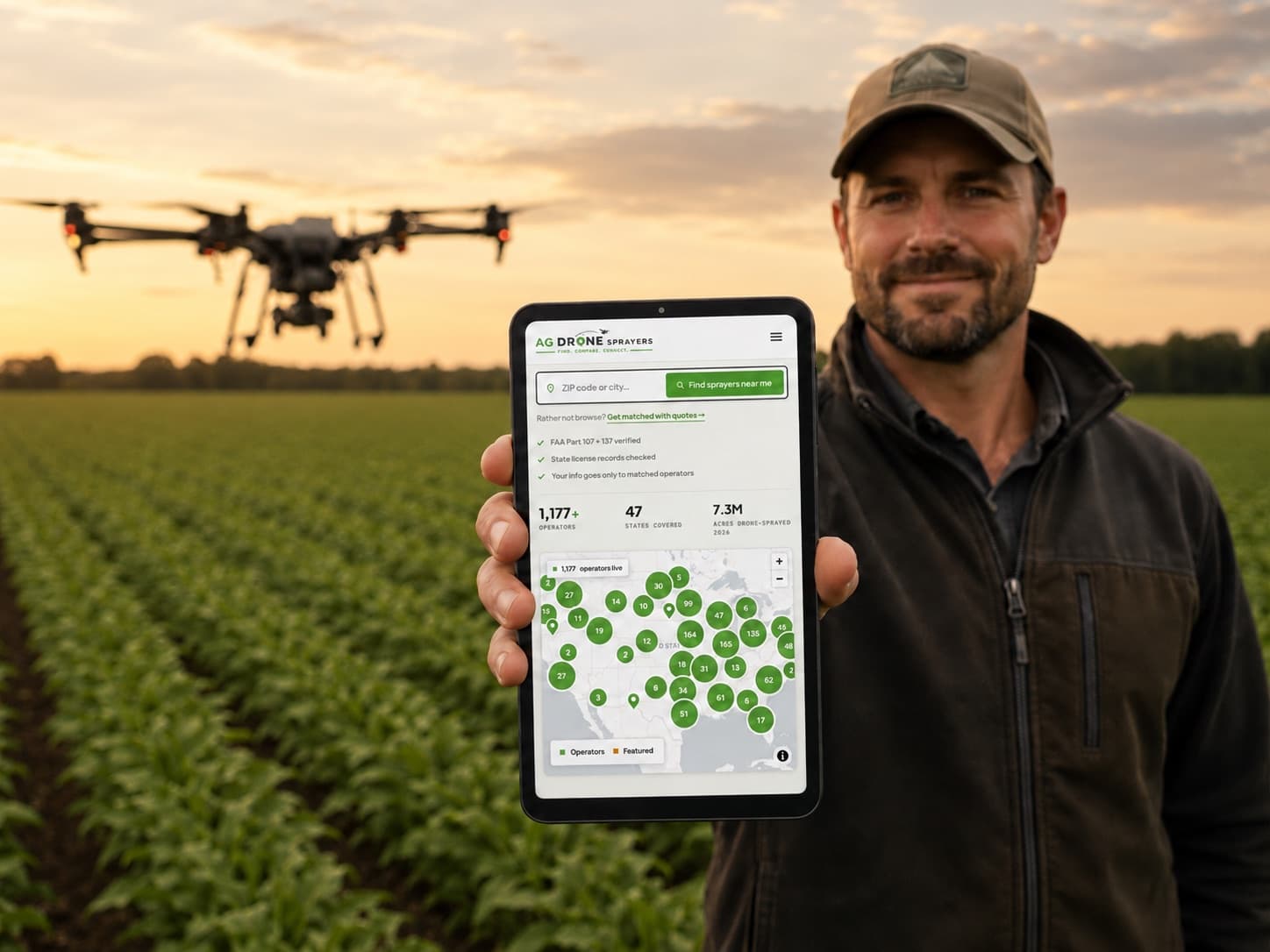 A farmer standing in a field holding a tablet showing the Ag Drone Sprayers app, a spray drone flying behind him