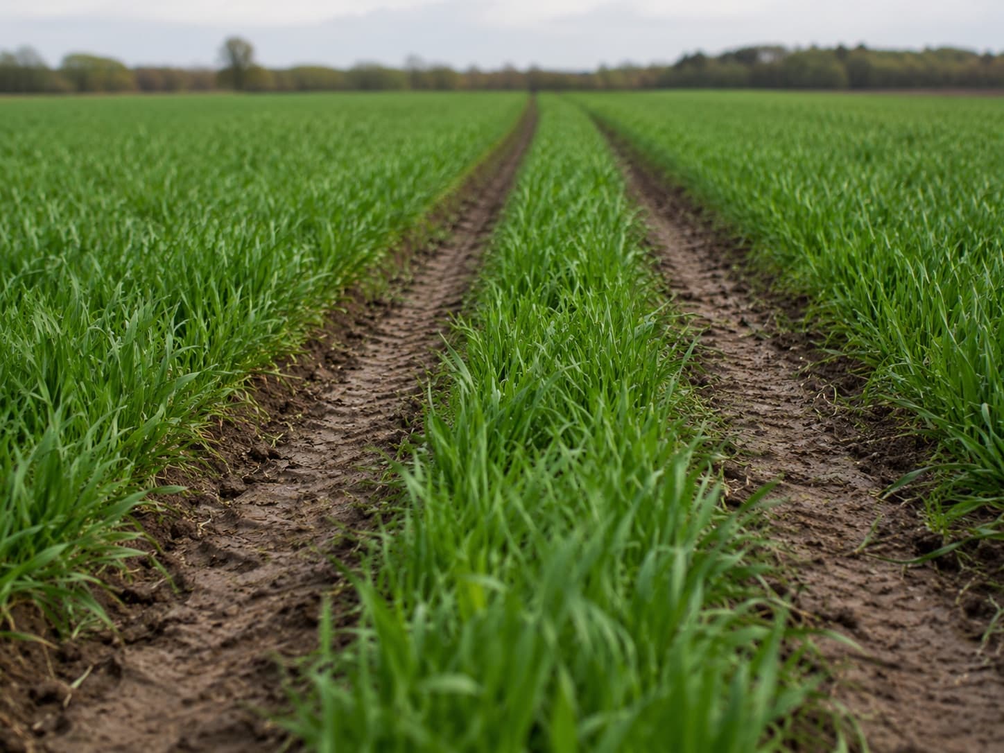 Tire ruts cutting through a young cereal crop, soil packed and bare